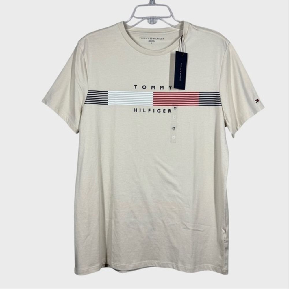 Tommy Hilfiger Mens Medium Cream Beige Logo T-Shirt Cotton Casual Streetwear